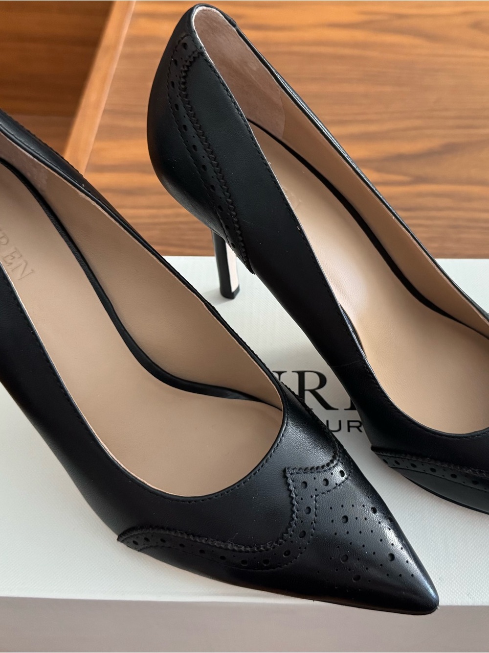 Lauren Ralph Lauren Black Pointed Brogue-Style Leather Pumps